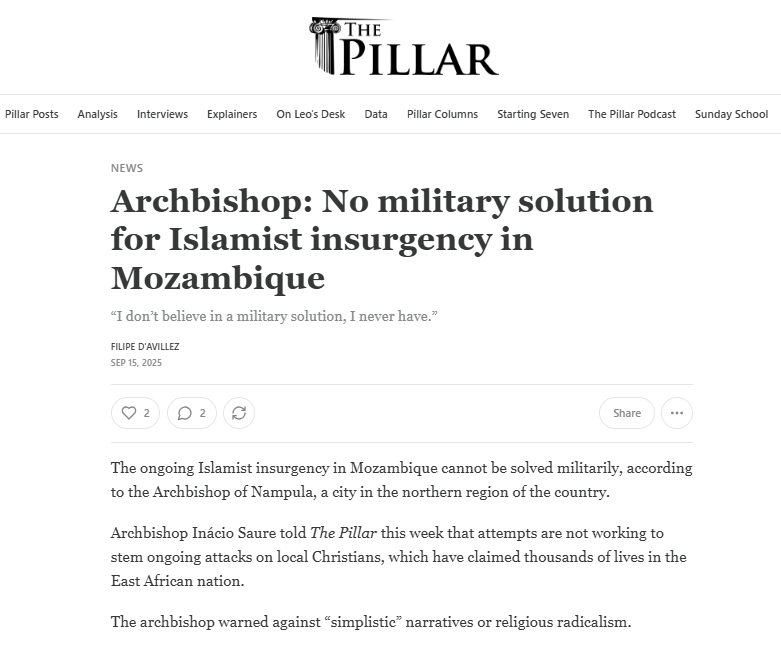 Archbishop: No military solution for Islamist insurgency in Mozambique