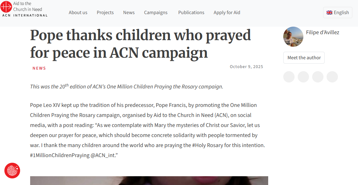 Pope thanks children who prayed for peace in ACN campaign