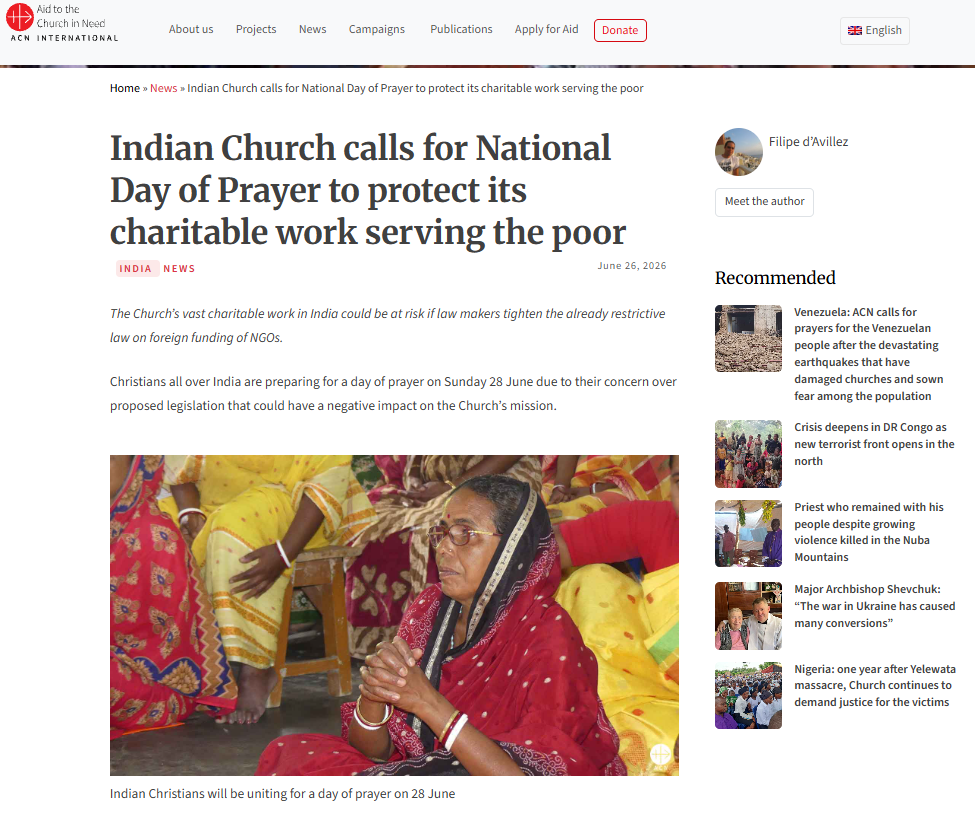 Indian Church calls for National Day of Prayer to protect its charitable work serving the poor – ACN International