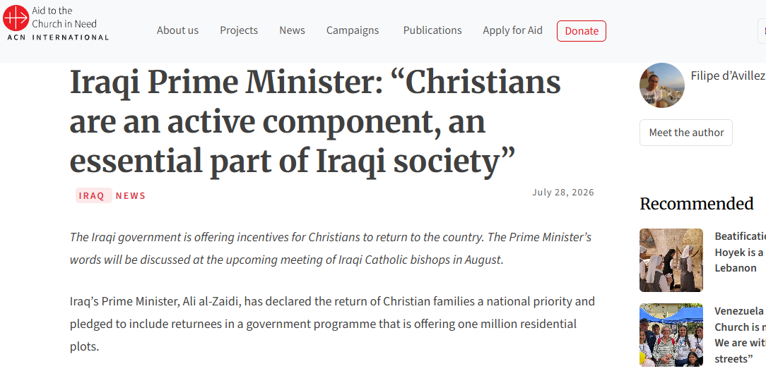 Iraqi Prime Minister: “Christians are an active component, an essential part of Iraqi society” – ACN International