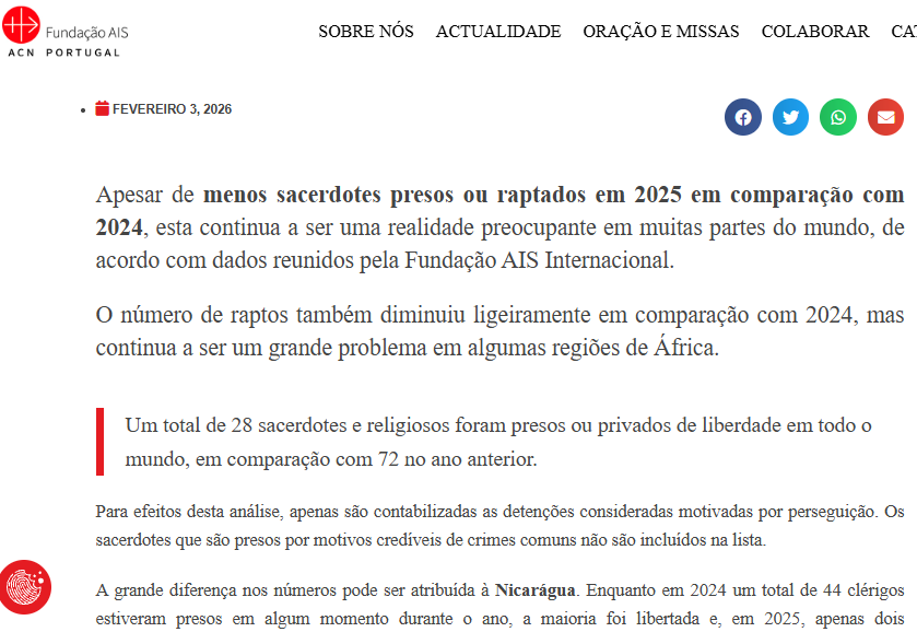 INTERNACIONAL: Queda significativa nas detenções de sacerdotes em 2025, mas aumento das mortes
