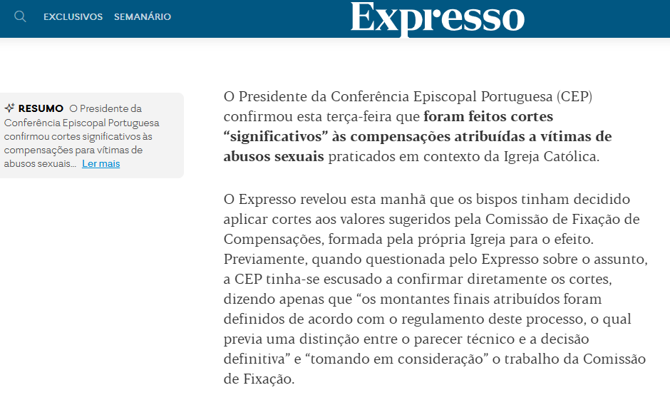 Conferência Episcopal confirma cortes nos pagamentos a vítimas de abusos – Expresso