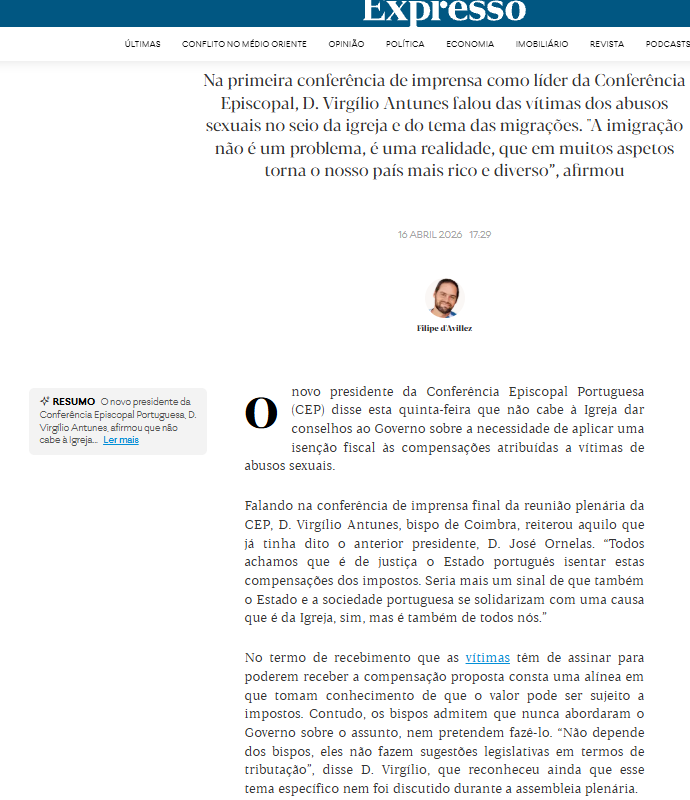 Abusos: “Não cabe aos bispos fazer recomendações ao Governo” sobre taxação de compensações às vítimas
