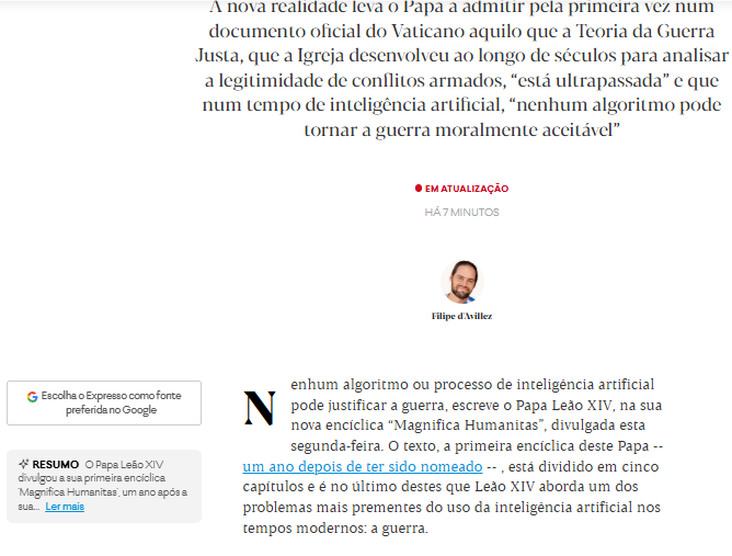 Nenhum algoritmo pode justificar a guerra, alerta Papa Leão XIV, na sua primeira encíclica – Expresso