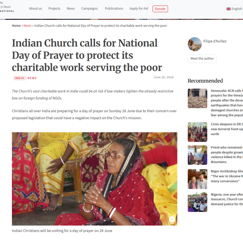 Indian Church calls for National Day of Prayer to protect its charitable work serving the poor – ACN International