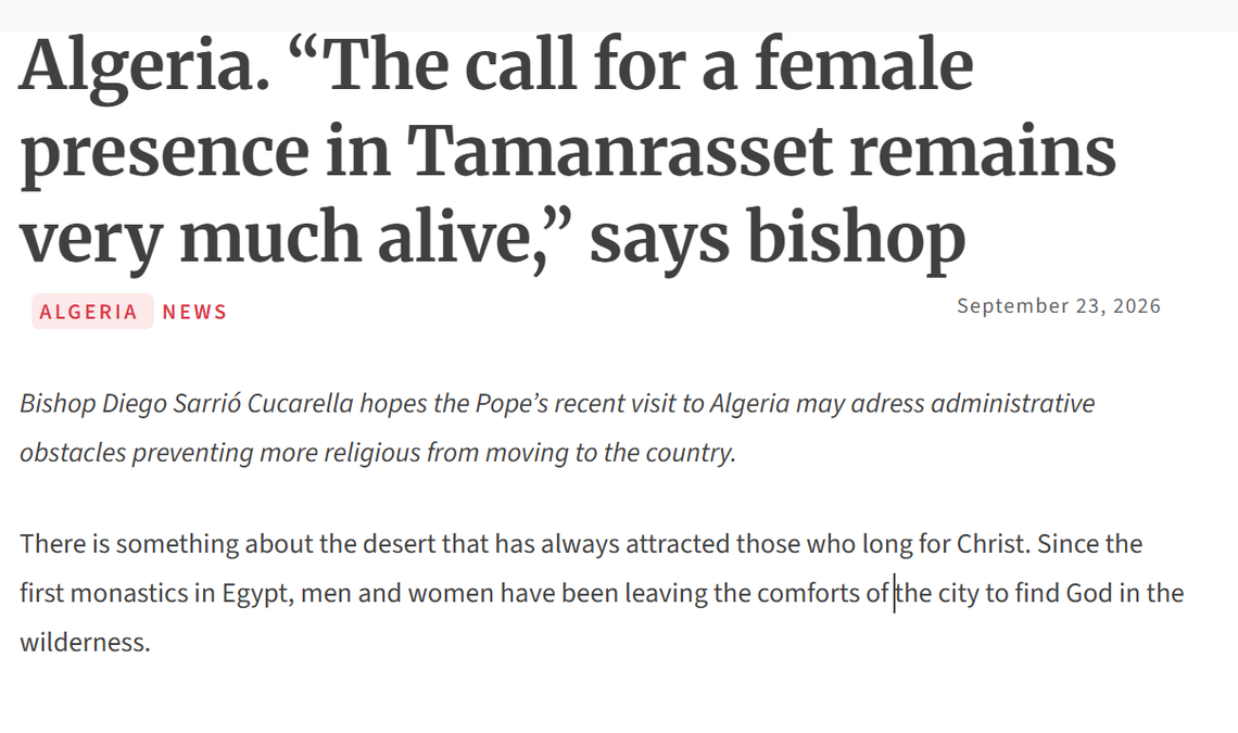 Algeria. “The call for a female presence in Tamanrasset remains very much alive,” says bishop – ACN International