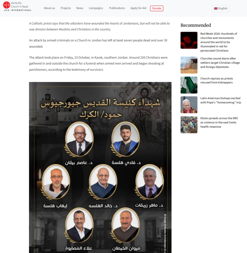 Attack on Church in Jordan leaves seven dead – ACN International